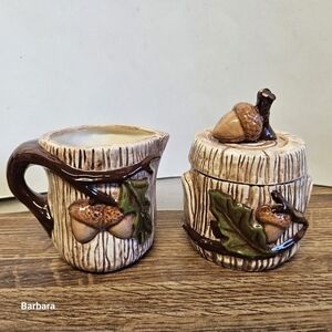 Vintage 80s Dimensional Ceramic Acorn Branch on Stump Sugar and Creamer Set